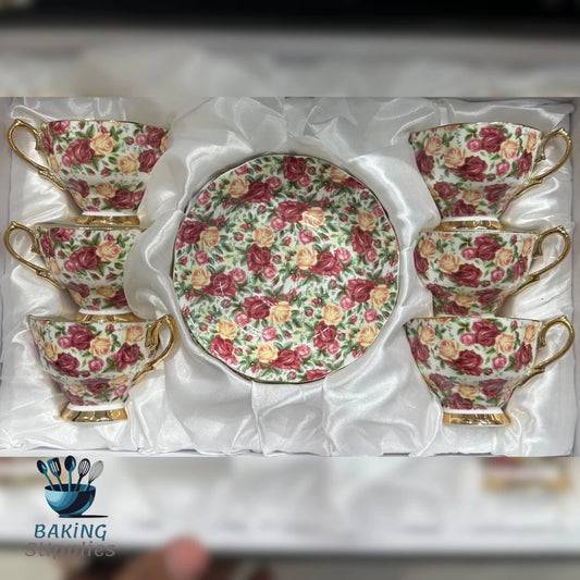 Set of floral teacups and saucer in a box with 'Baking Supplies' logo.
