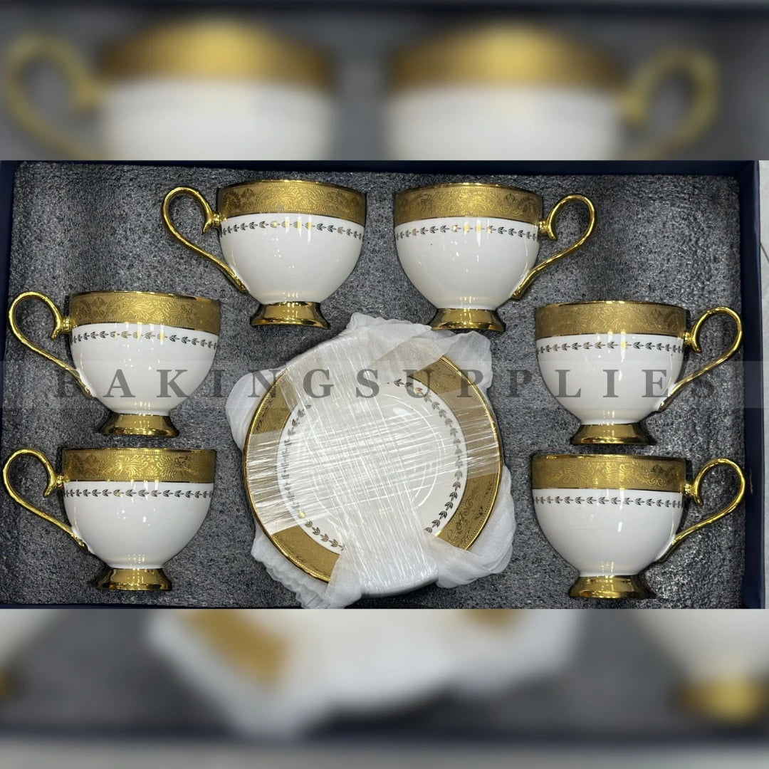 Royal Gold Rim White Porcelain Tea Cup & Saucer Set of 6 Luxury Design