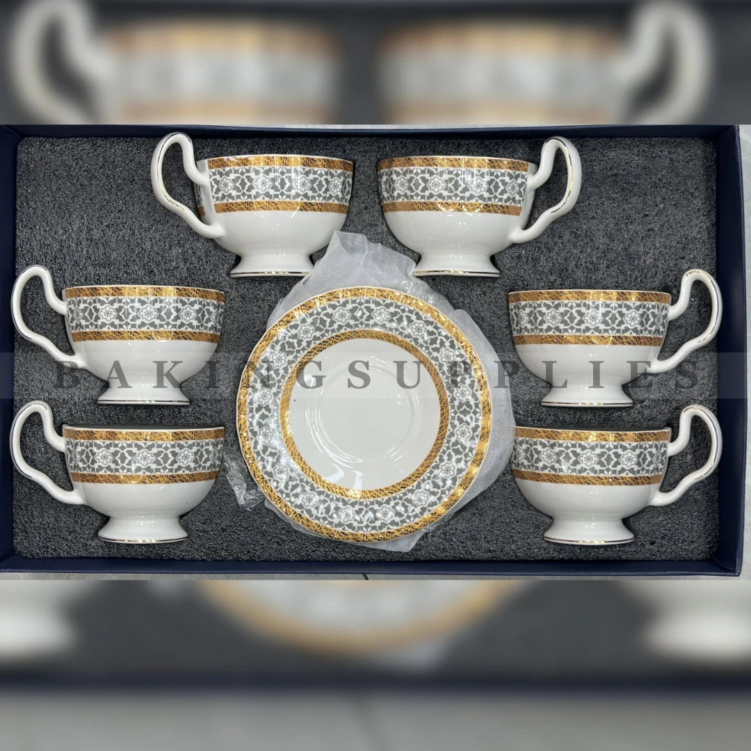 Royal Grey Mosaic Gold Porcelain Cup & Saucer Set of 6 Luxury Tea Set