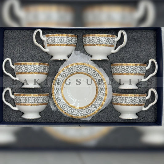 Royal Grey Mosaic Gold Porcelain Cup & Saucer Set of 6 Luxury Tea Set