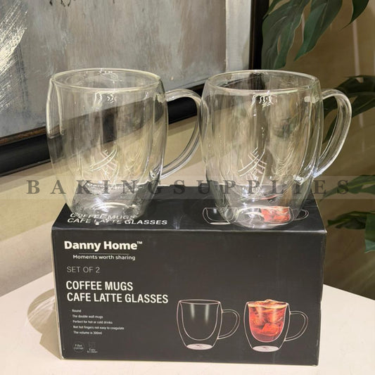 Set of 2 Double Wall Latte Glass Mugs – Cafe Style Insulated Coffee Cups