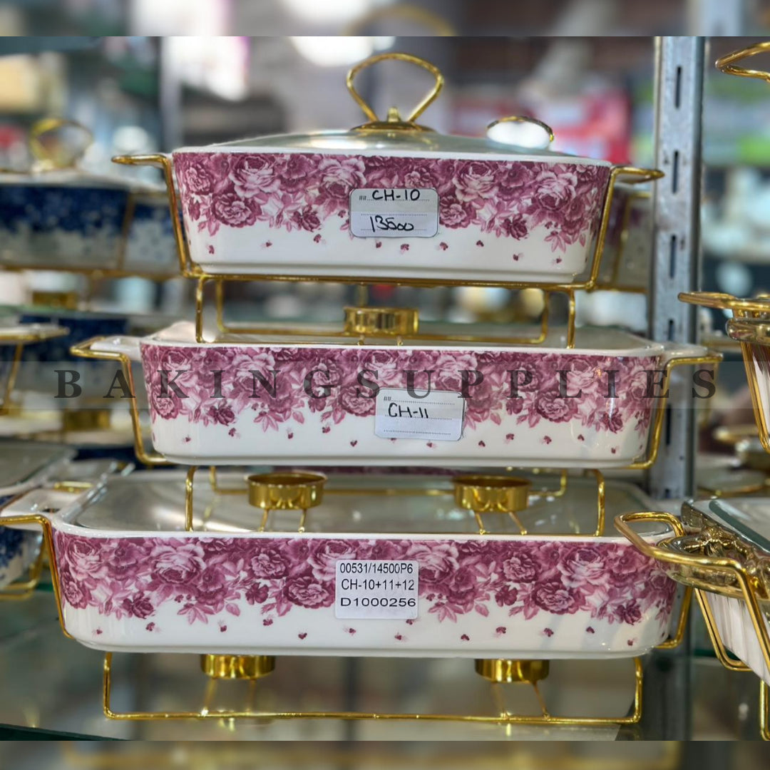Luxury Floral Chafing Dish Set of 3 with Gold Stand & Glass Lid