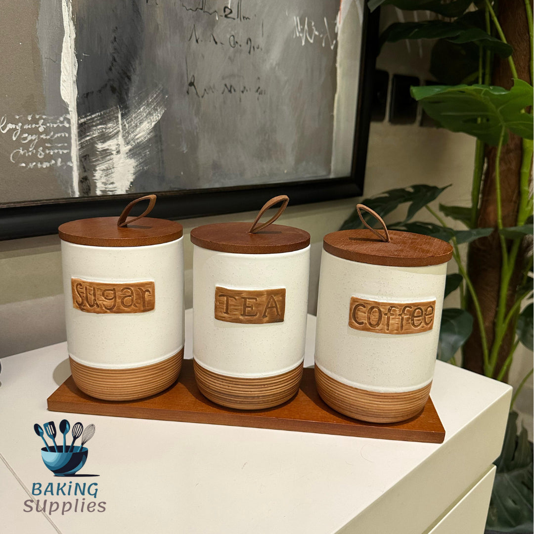 Set of 3 Storage Jars with Wooden Tray