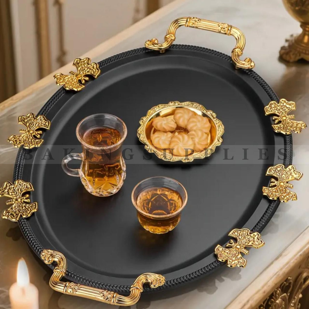 Set of 3 Metal Trays with 3D Butterfly Design & Gold Handles