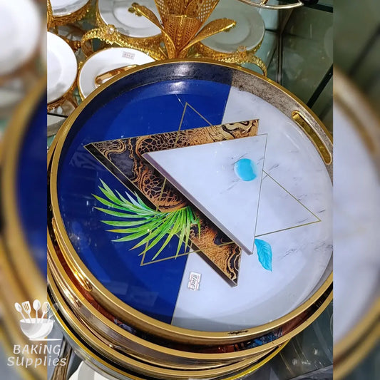 Set of 2 Blue & White Acrylic Trays with Gold Accents