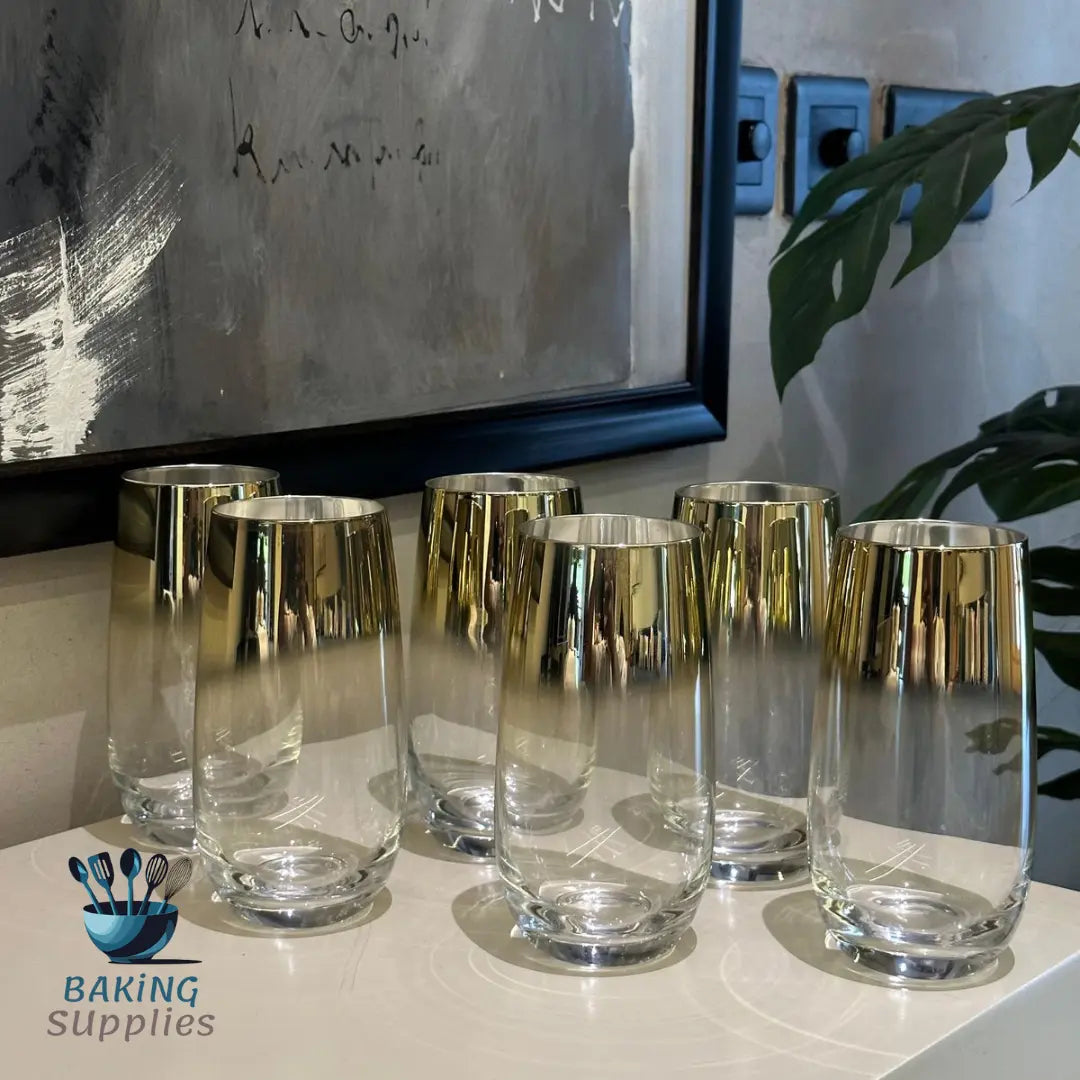 Set of 6 Elegant Crystal Long Glasses – Gold & Silver Rim