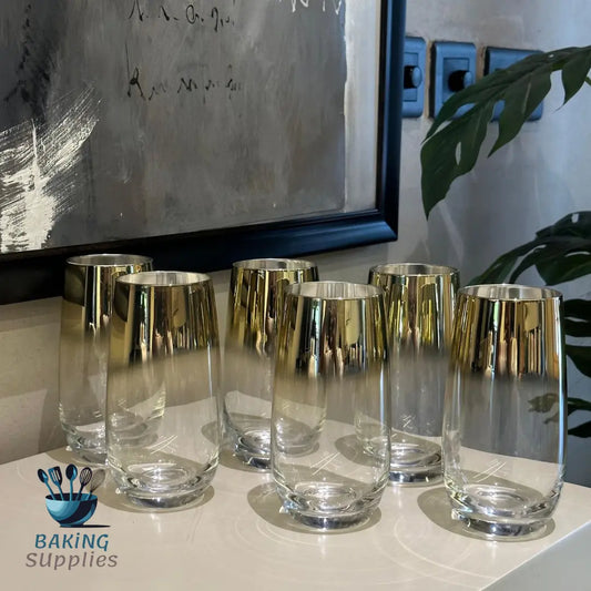 Set of 6 Elegant Crystal Long Glasses – Gold & Silver Rim