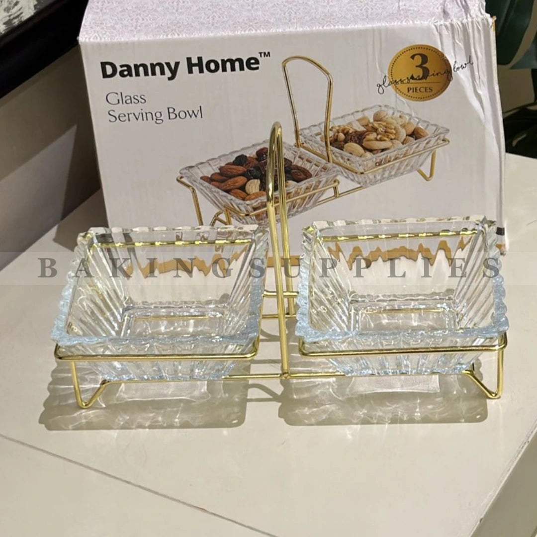 Set of 2 Glass Serving Bowls with Golden Holder | Elegant Snack Server