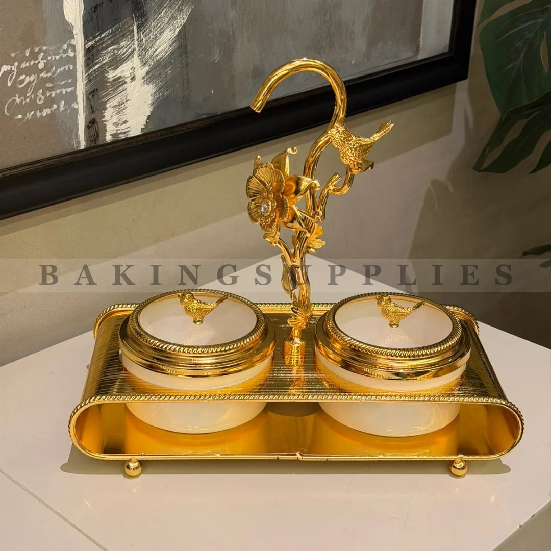 Set of 2 Dry Fruit Platters – Gold Stand & White Removable Bowls