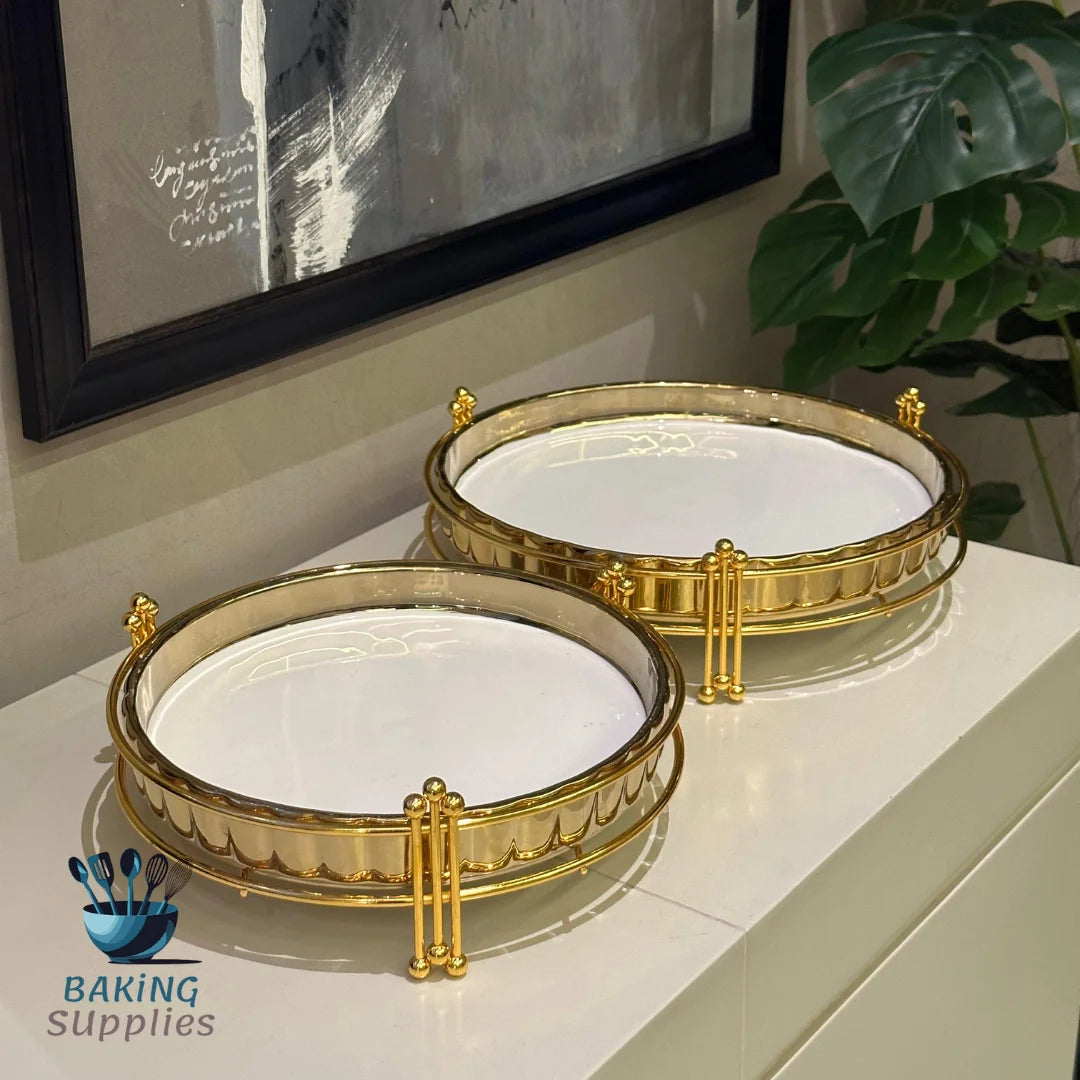 Set of 2 Round White & Gold Platters – Elegant Serving Duo