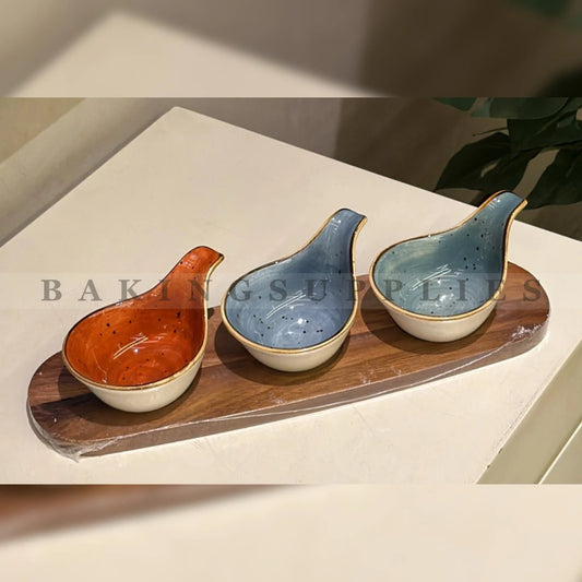 Set of 3 Ceramic Ramekins with Wooden Serving Tray