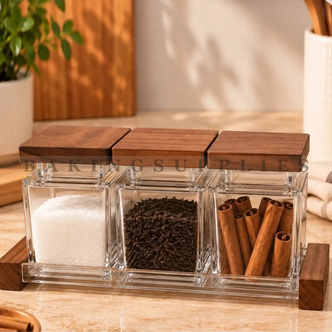Acrylic Storage Jars with Wooden Lids & Tray Set of 3