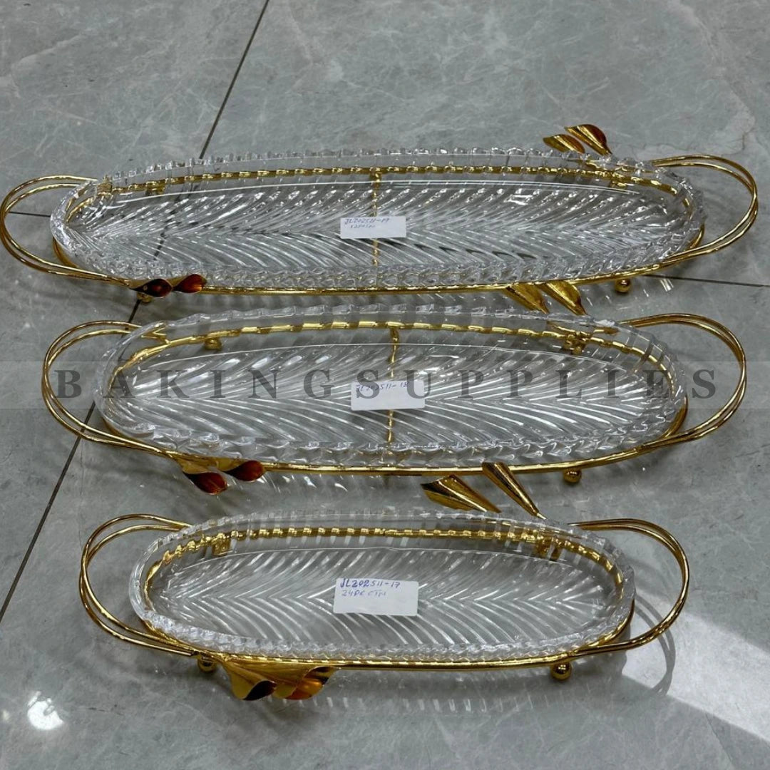 Set of 3 Crystal Oval Platters with Gold Stands