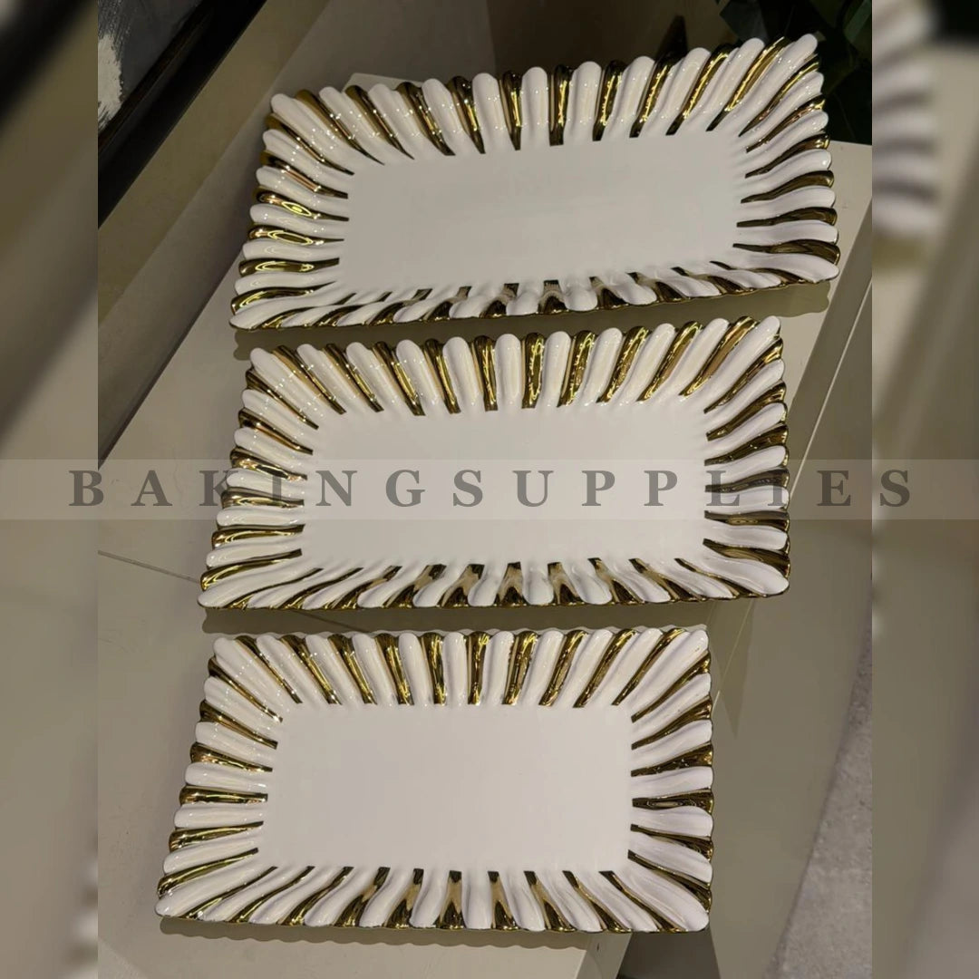 Set of 3 Luxury Ceramic Serving Platters with Gold Rim Design