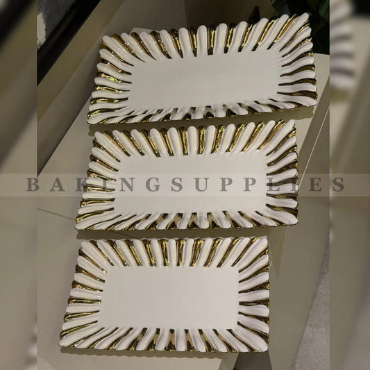 Set of 3 Luxury Ceramic Serving Platters with Gold Rim Design