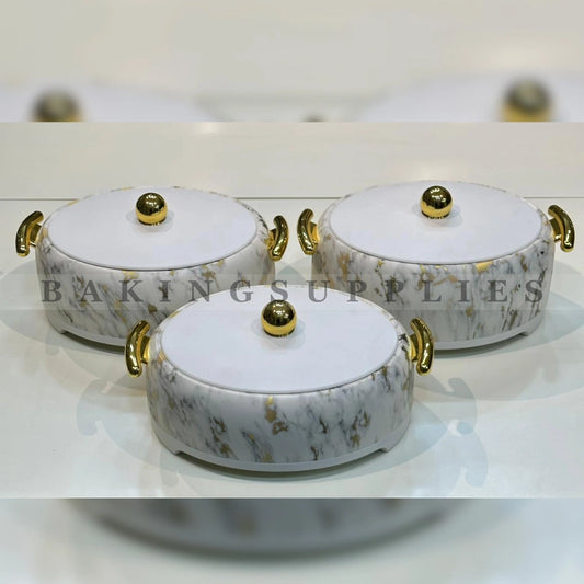 Set of 3 Marble Design Hot Pots with Gold Handles & Lids