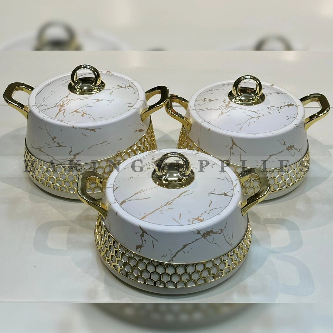 Set of 3 Luxury Marble Hot Pots with Gold Honeycomb Base & Designer Handles