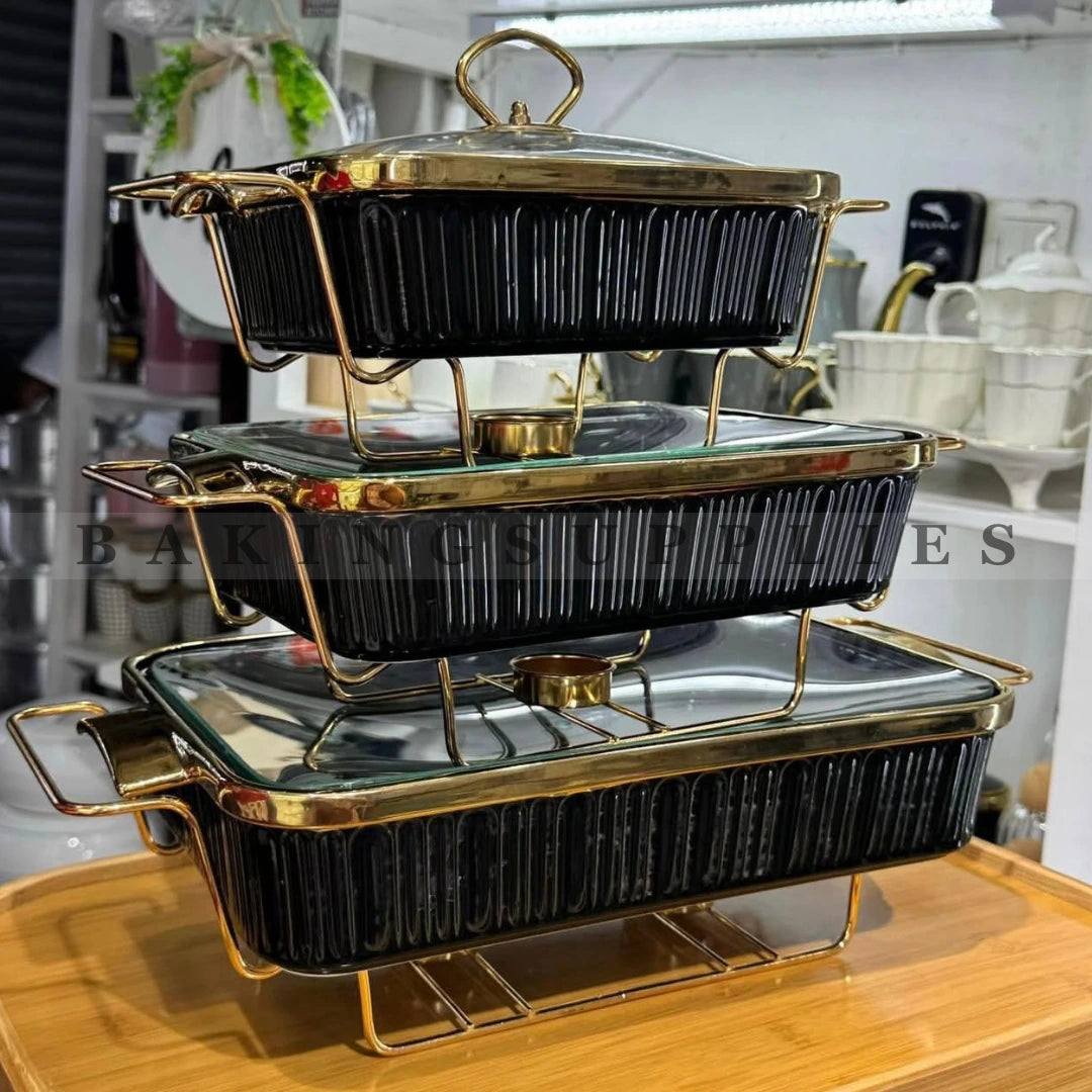 Set of 3 Rectangular Chafing Dishes with Glass Lids – Black & Gold Finish