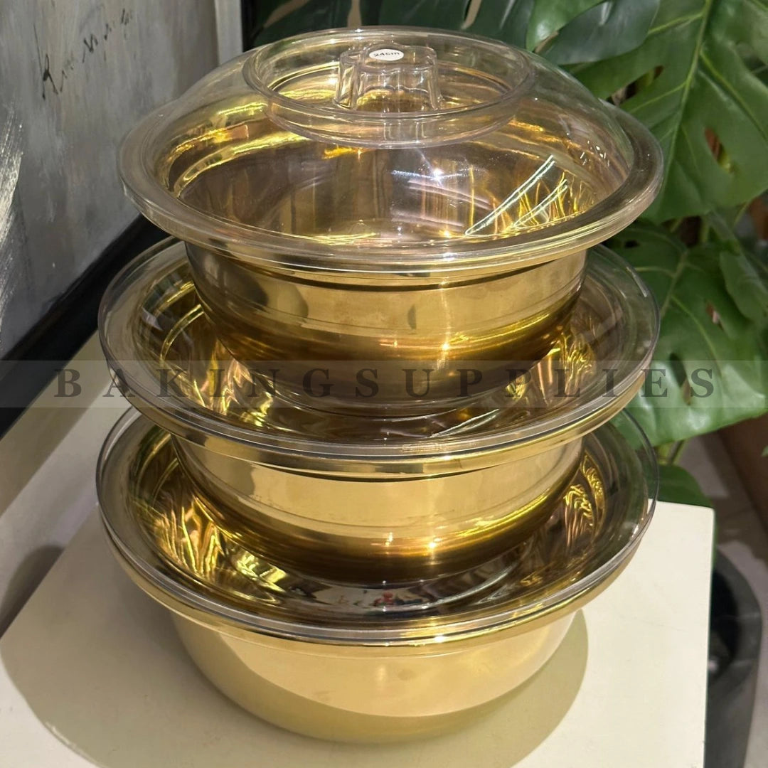 Set of 3 Stainless Steel Gold Bowls with Acrylic Lid