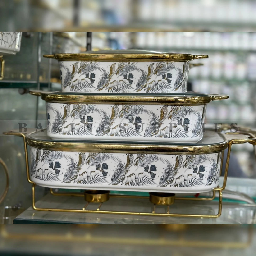 Set of 3 Chafing Dishes with Glass Lids & Gold Stand