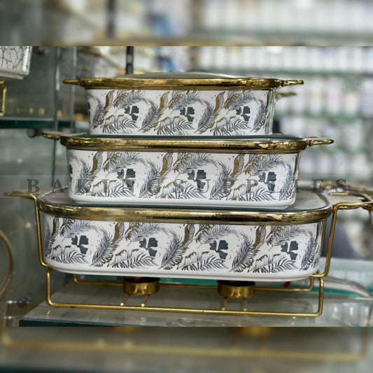 Set of 3 Chafing Dishes with Glass Lids & Gold Stand