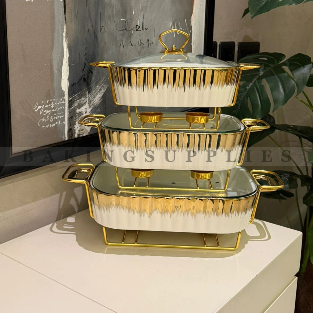 Set of 3 Chafing Dishes with Gold Stand