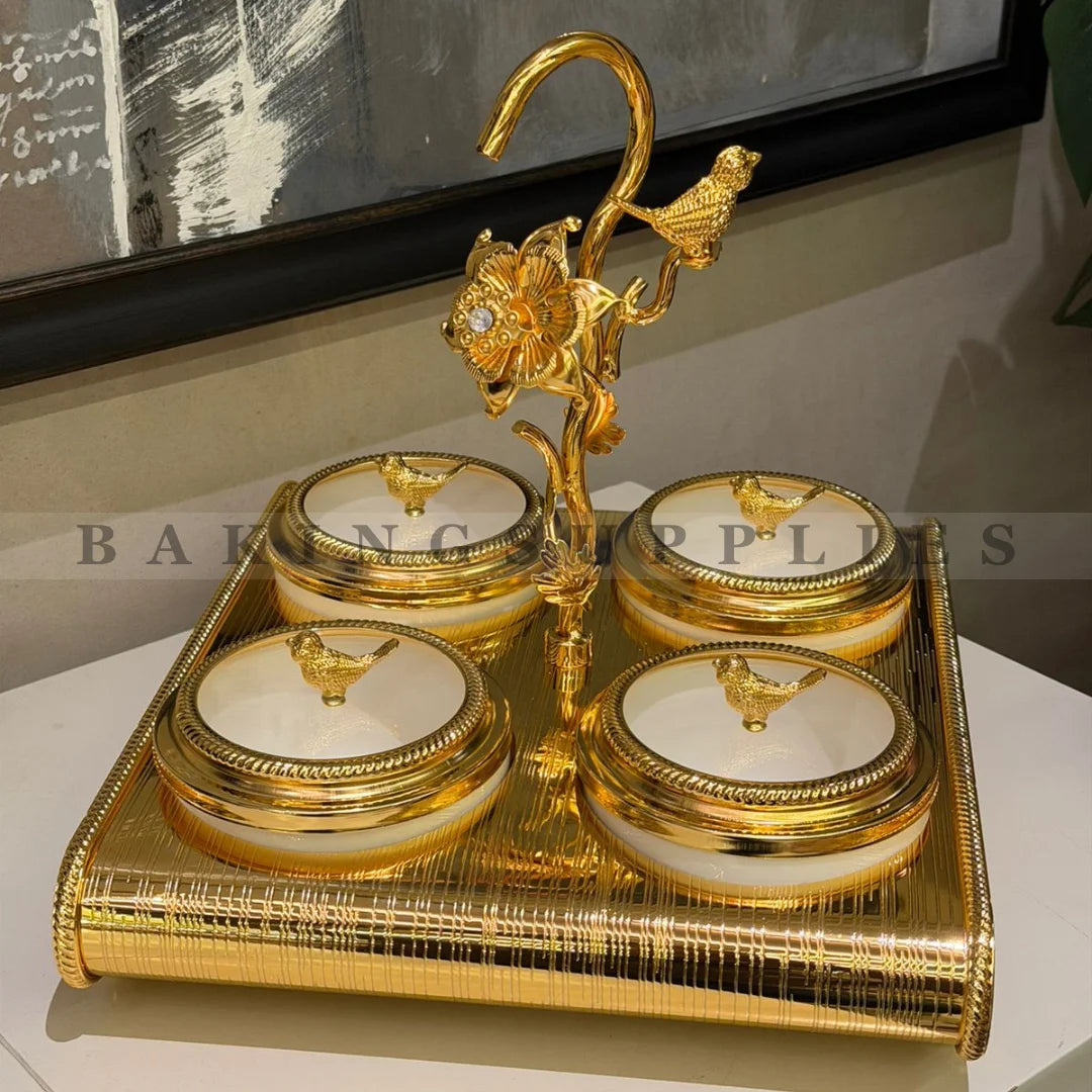 Set of 4 Dry Fruit Platter Bowls with Gold Stand & White Removable Bowls