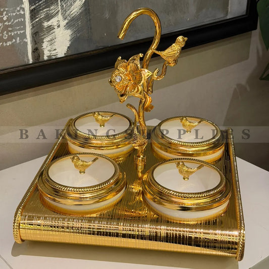 Set of 4 Dry Fruit Platter Bowls with Gold Stand & White Removable Bowls