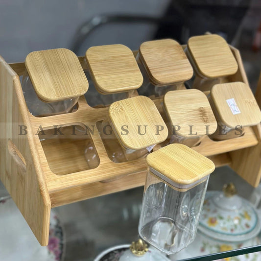 Traditional Wooden Masala Box – Set of 8 Glass Spice Jars