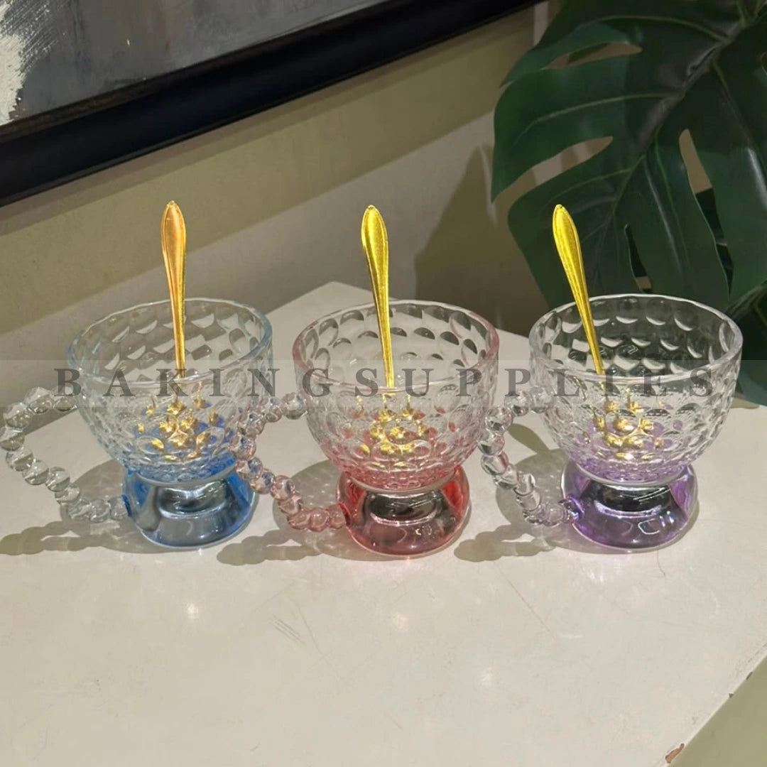 Single Glass Dessert Bowl with Golden Spoon | 3 Colors