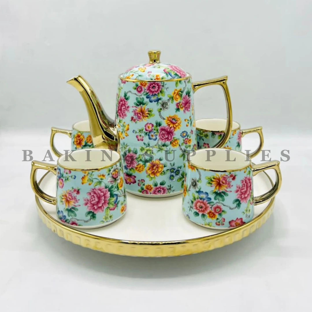 Sky Blossom Gold Accent Porcelain 9 Piece Tea Set with Tray