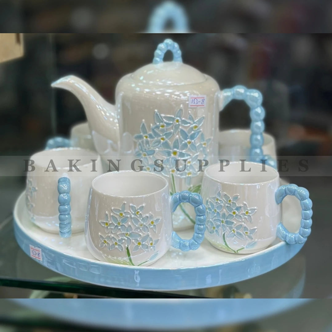 Sky Blue Floral Ceramic Tea Set 8 Pieces with Tray