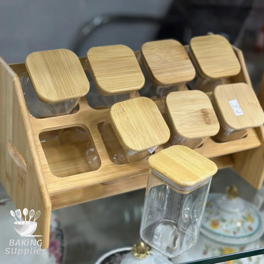 Traditional Wooden Masala Box – Set of 8 Glass Spice Jars