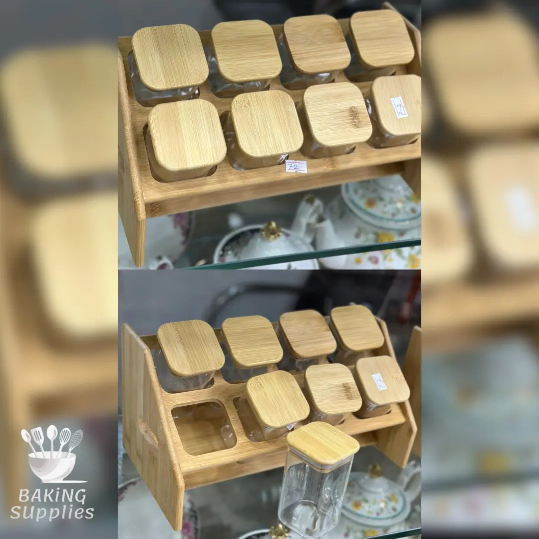 Traditional Wooden Masala Box – Set of 8 Glass Spice Jars