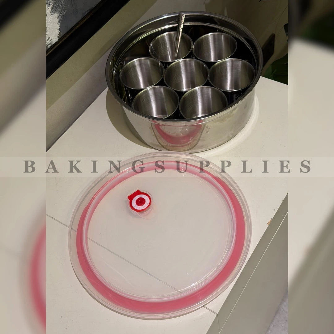 Stainless Steel Masala Box with Airtight Plastic Lid & Spice Cups