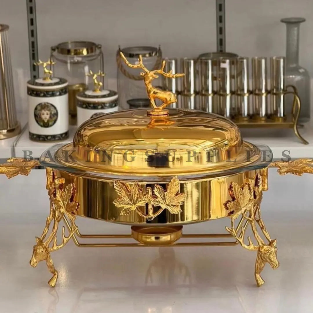 Luxury Gold Deep Glass Bowl with Stand, Burner & Serving Spoon