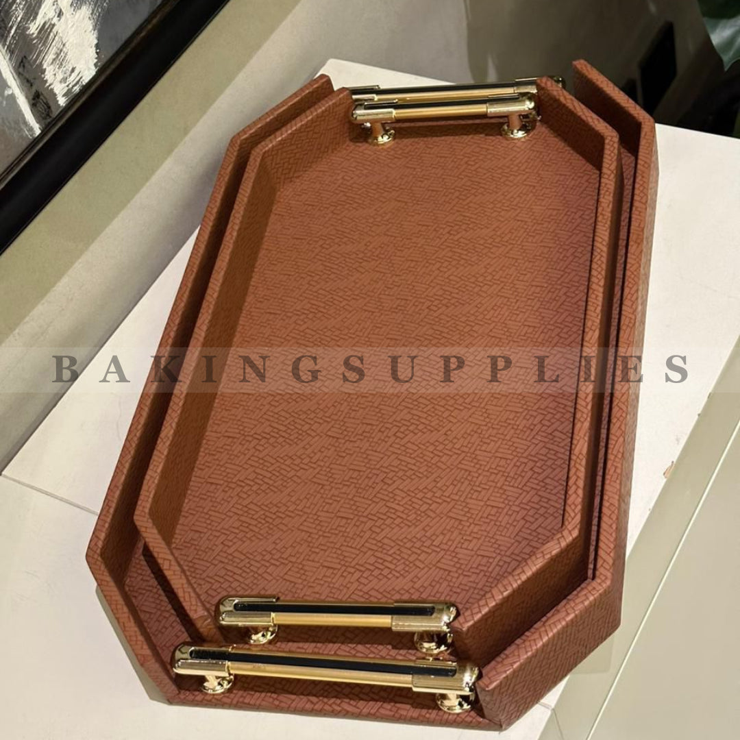 Set of 2 Leather Wooden Serving Trays with Gold Handles