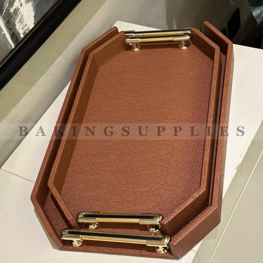 Set of 2 Leather Wooden Serving Trays with Gold Handles
