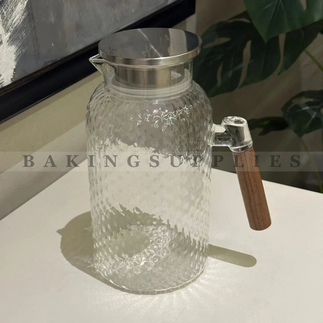 Textured Crystal Glass Pitcher with Wooden Handle – Elegant Beverage Jug