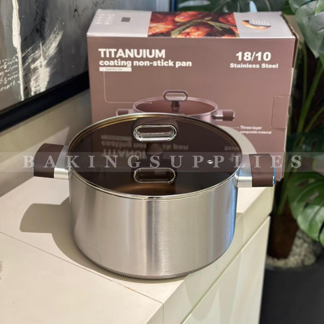Titanium Coating Nonstick Casserole 26cm with Glass Lid – 18/10 Stainless Steel Cooking Pot