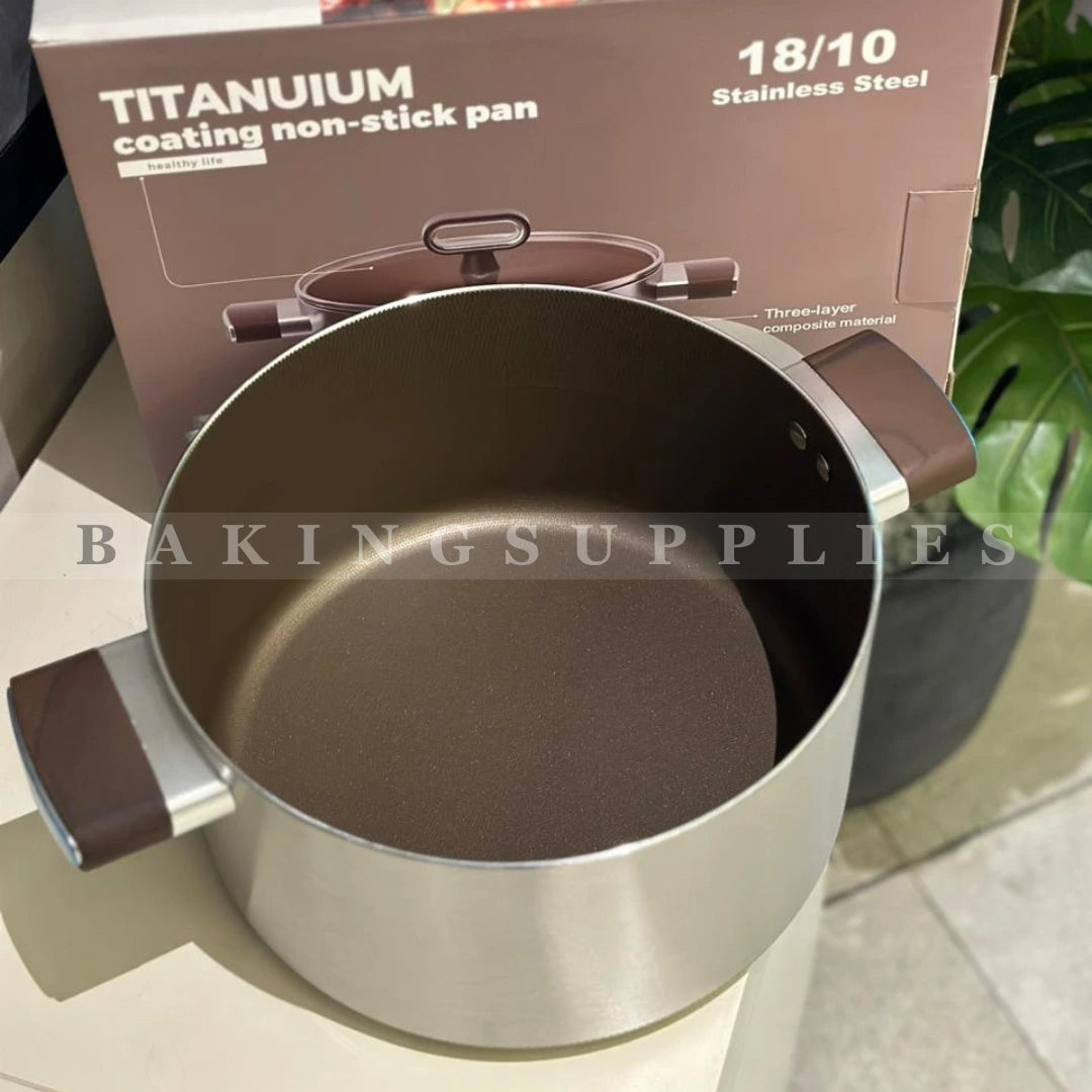 Titanium Coating Nonstick Casserole 26cm with Glass Lid – 18/10 Stainless Steel Cooking Pot