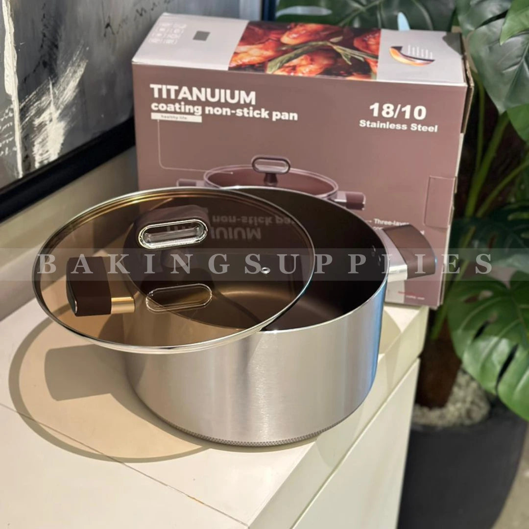 Titanium Coating Nonstick Casserole 26cm with Glass Lid – 18/10 Stainless Steel Cooking Pot