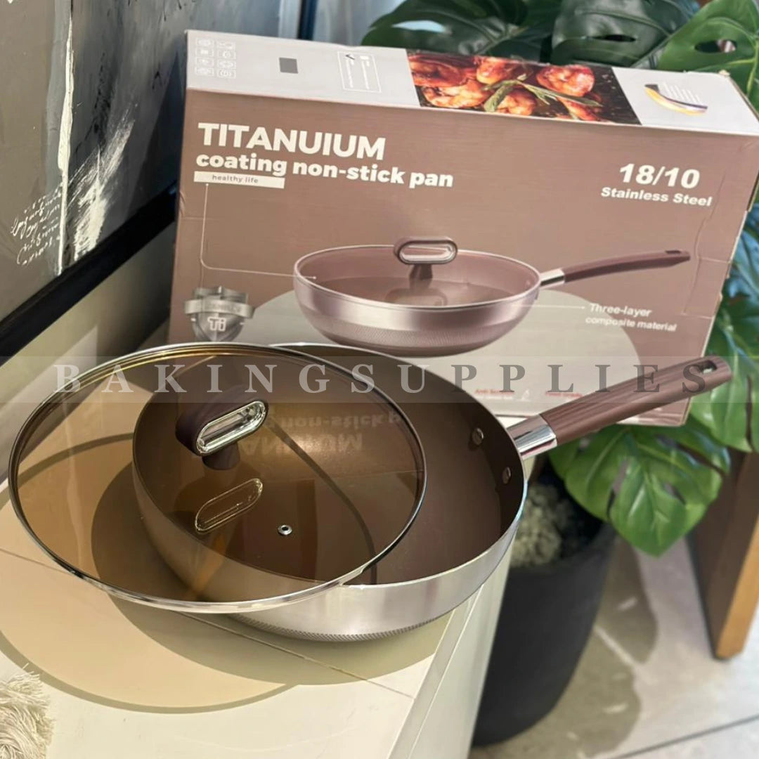 Titanium Coating Nonstick Karahi 30cm with Glass Lid – 18/10 Stainless Steel Wok