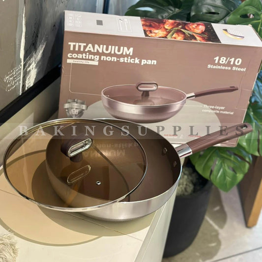 Titanium Coating Nonstick Karahi 30cm with Glass Lid – 18/10 Stainless Steel Wok