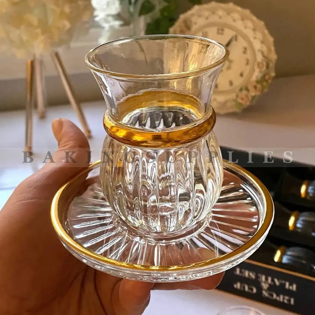 Turkish Crystal Kehve Cup Set with Dull Gold Rim | 12 Piece Set