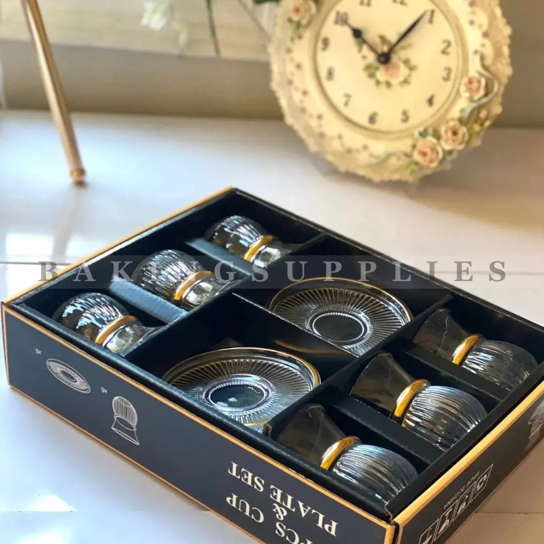Turkish Crystal Kehve Cup Set with Dull Gold Rim | 12 Piece Set