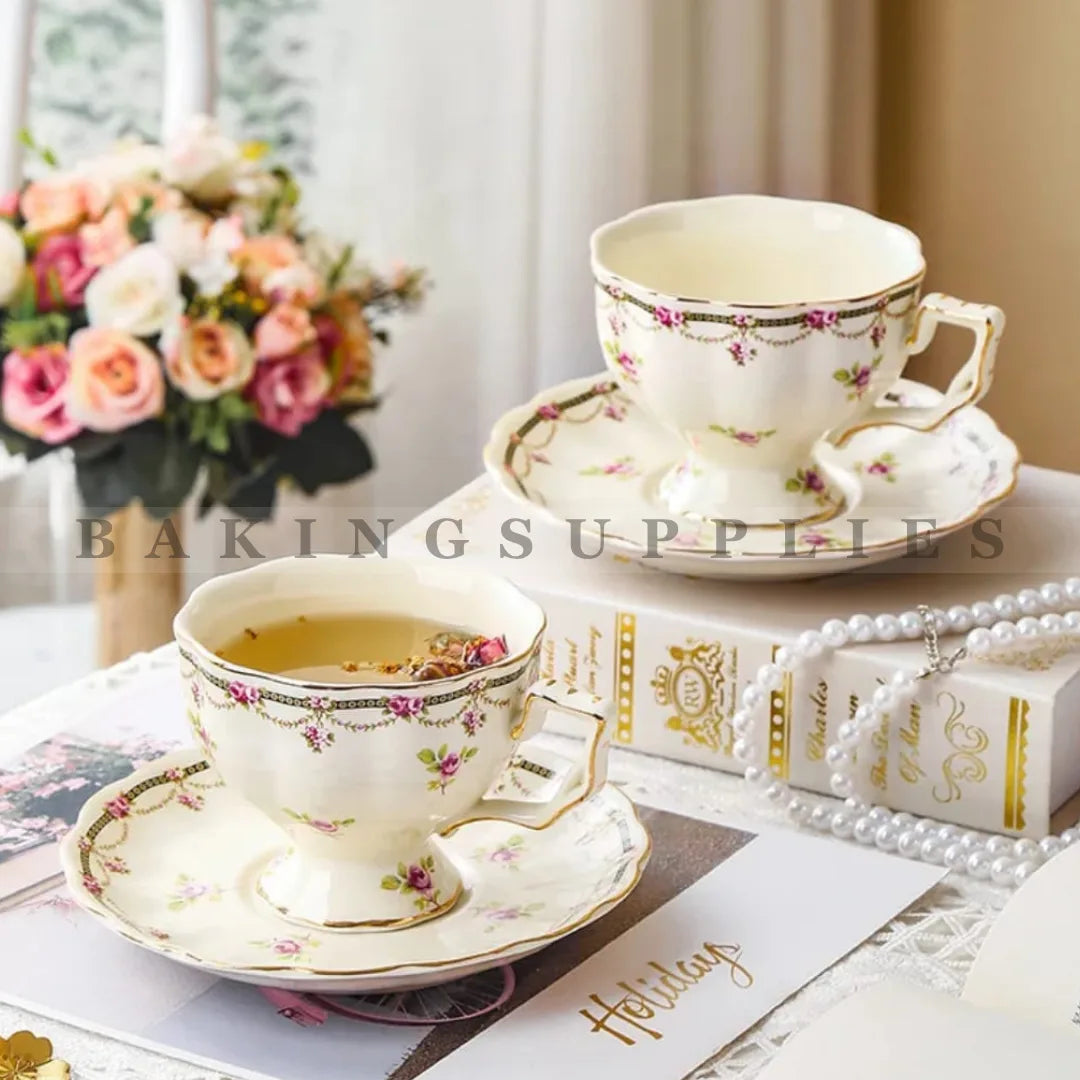 12 Piece Ceramic Cup & Saucer Set | Vintage Rose Design