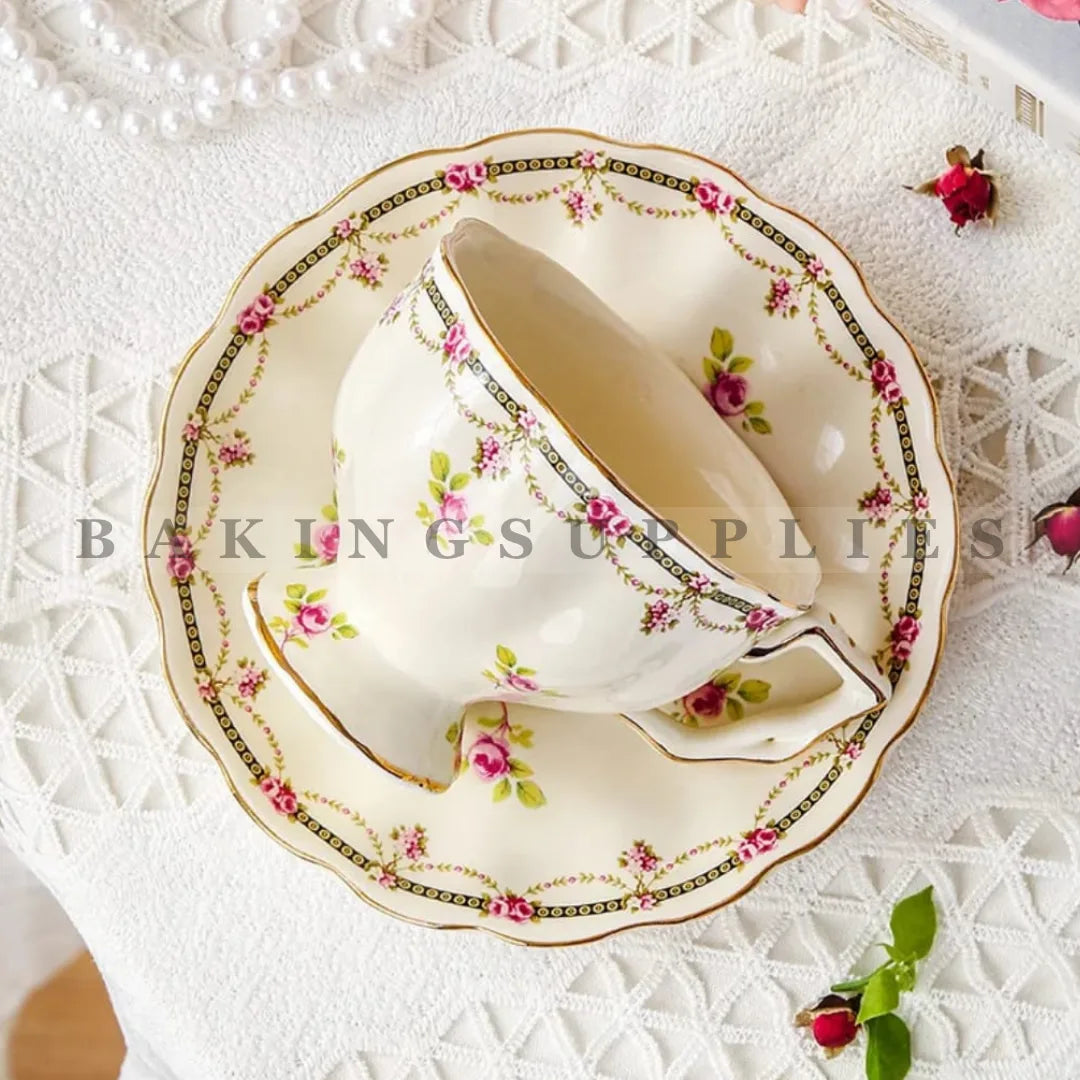 12 Piece Ceramic Cup & Saucer Set | Vintage Rose Design
