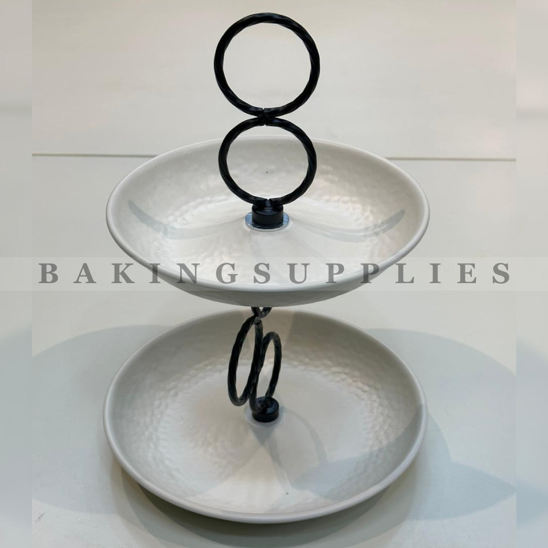 White Ceramic 2-Tier Serving Platter with Modern Ring Handle