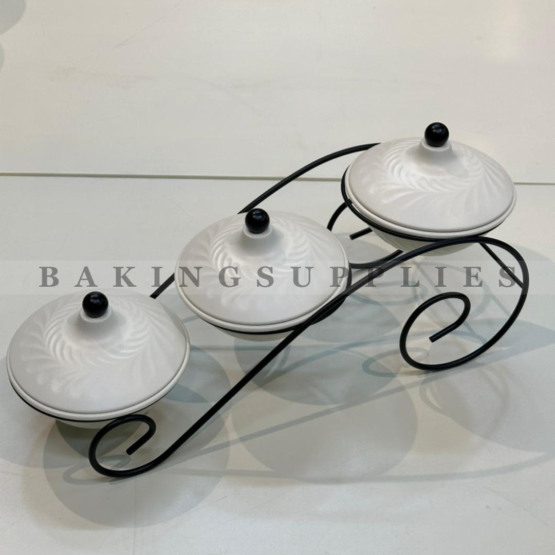 White Ceramic 3-Bowl Covered Serving Set with Decorative Metal Stand